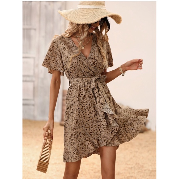 Mocha Brown with Black Spotted Print Wrap Mini Dress Short Sleeves Belted - Picture 2 of 7